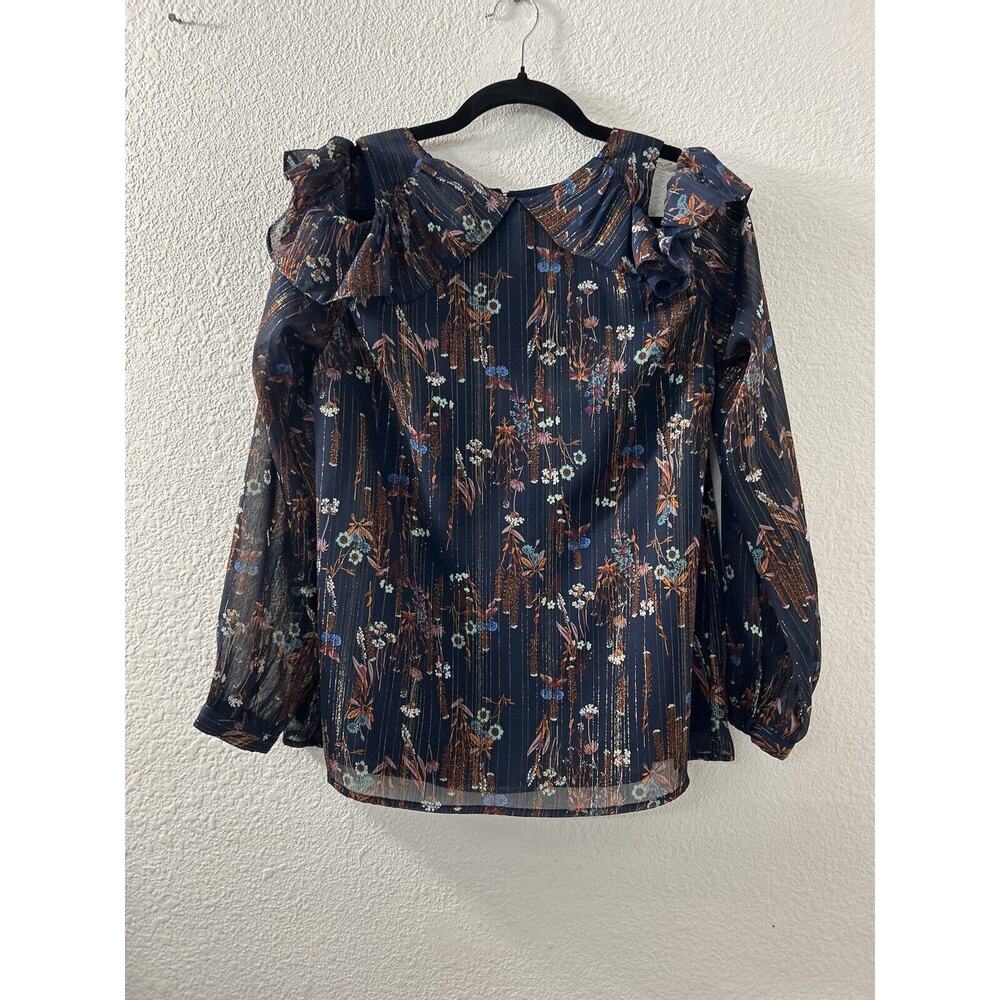 WAYF Womens Size M Long Sleeve Cold Shoulder Blouse Blue Metallic Floral Boho